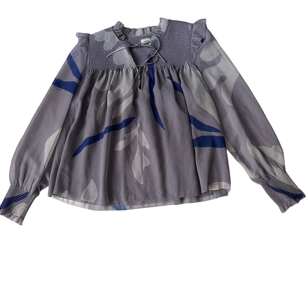 Wilfred Smocked Top Ruffle Picot Hem Puff Sleeve Lavender Tie Neck Blouse M